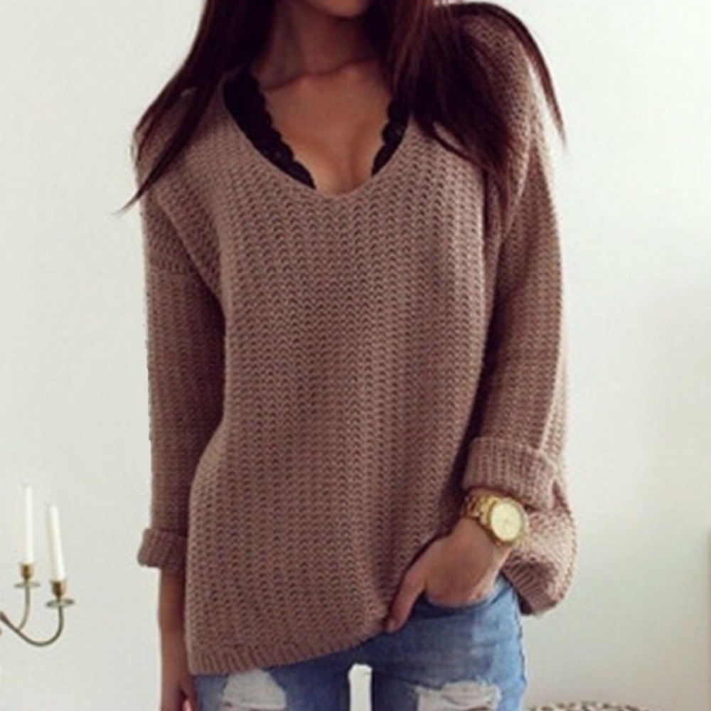 Light Brown Cotton Blend Sweater V Neck
